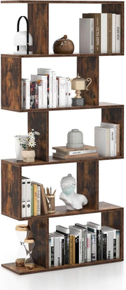 Scaffale in Legno a 5 Ripiani, Libreria Scaffale a Forma di S con Dispositivo Antiribaltamento, Divisorio per Soggiorno Ufficio Camera da Letto, 70 x 23,5 x 158 cm