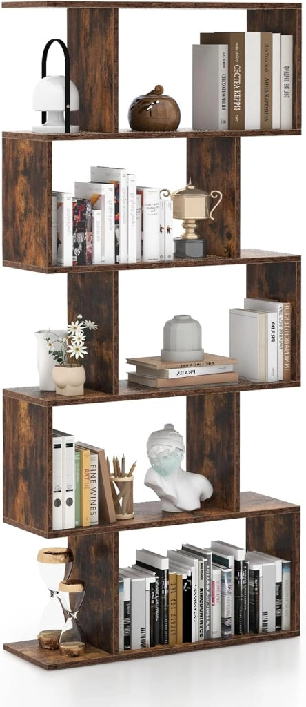 Scaffale in Legno a 5 Ripiani, Libreria Scaffale a Forma di S con Dispositivo Antiribaltamento, Divisorio per Soggiorno Ufficio Camera da Letto, 70 x 23,5 x 158 cm