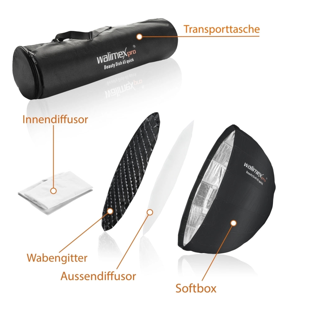 Studio Line Beauty Dish Softbox QA65 - Beauty Dish light shaper, 65 cm di Ø, 35 cm di profondità, pieghevole, con griglia, diffusore interno ed esterno, per flash Speedlite da studio