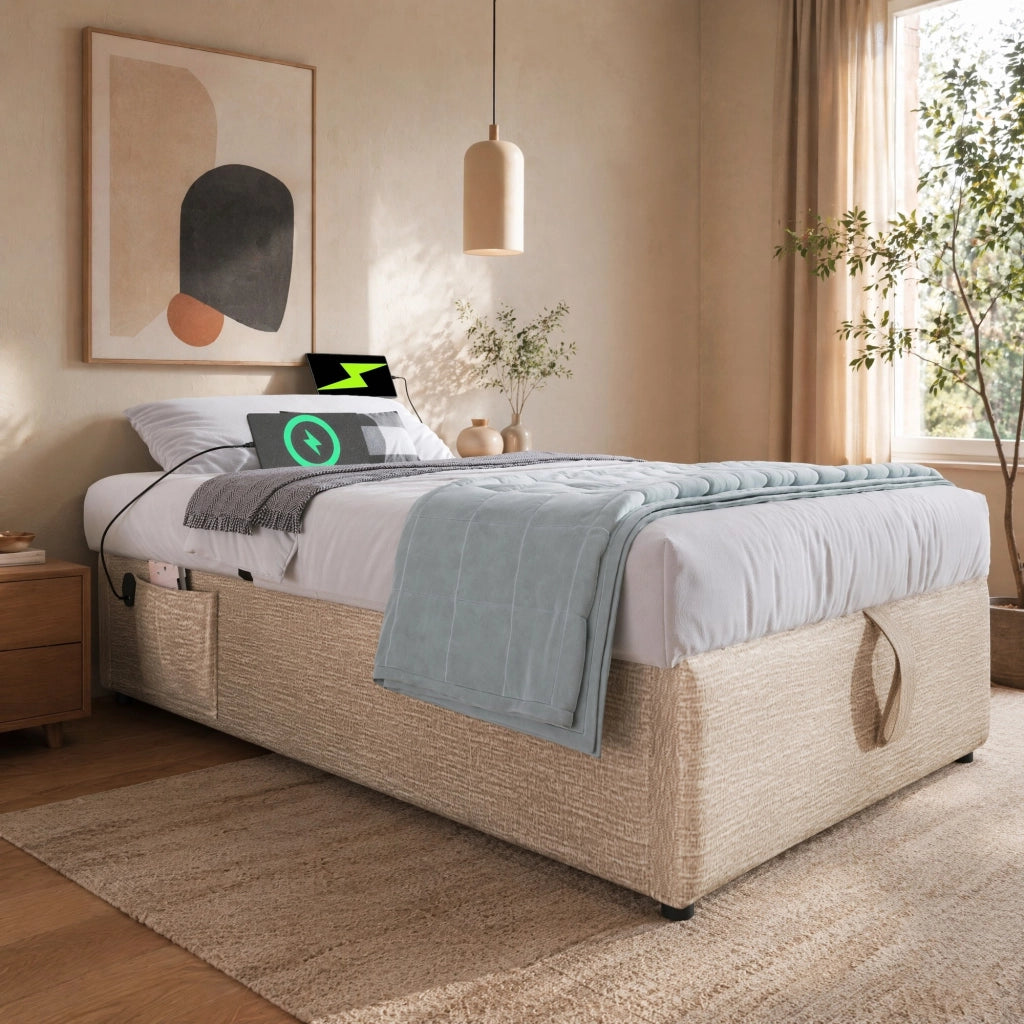 LETTO Contenitore 90x190 cm in lino Naturale con USB e Type-C