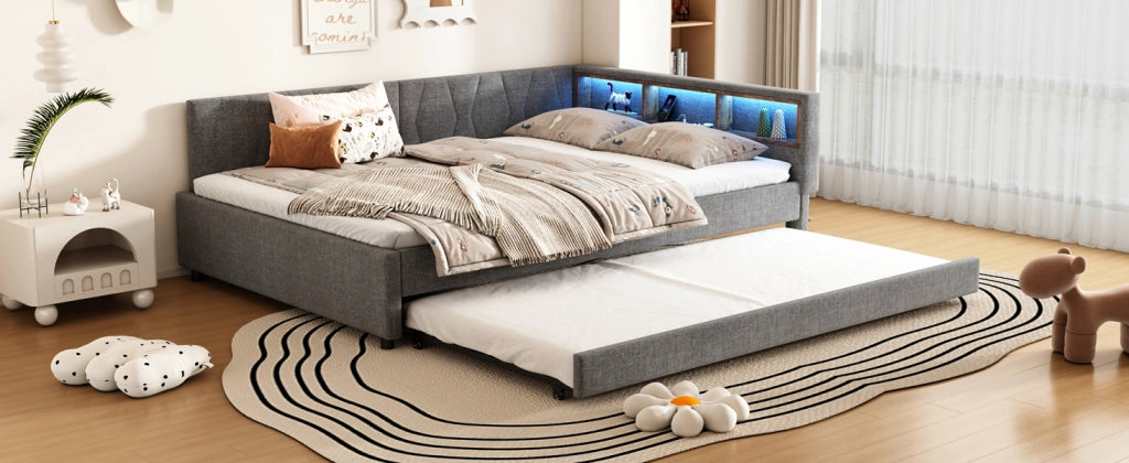 DESMIU Letto a giorno 140 × 200 cm 2 posti con USB, Type-C e LED, senza materasso, in lino, grigio