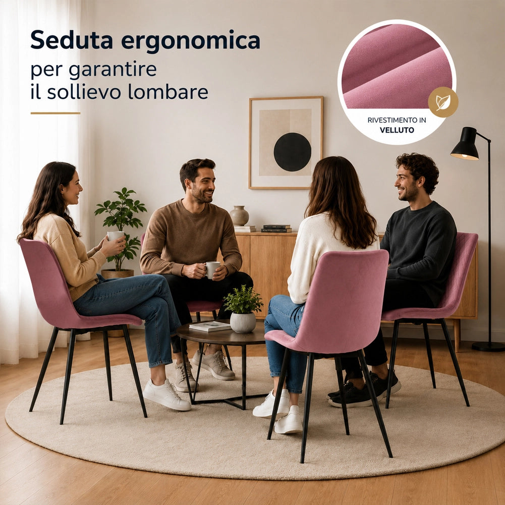 Set 4 Sedie Rosa con Rivestimento in Velluto e Piedi Neri Seduta Ergonomica