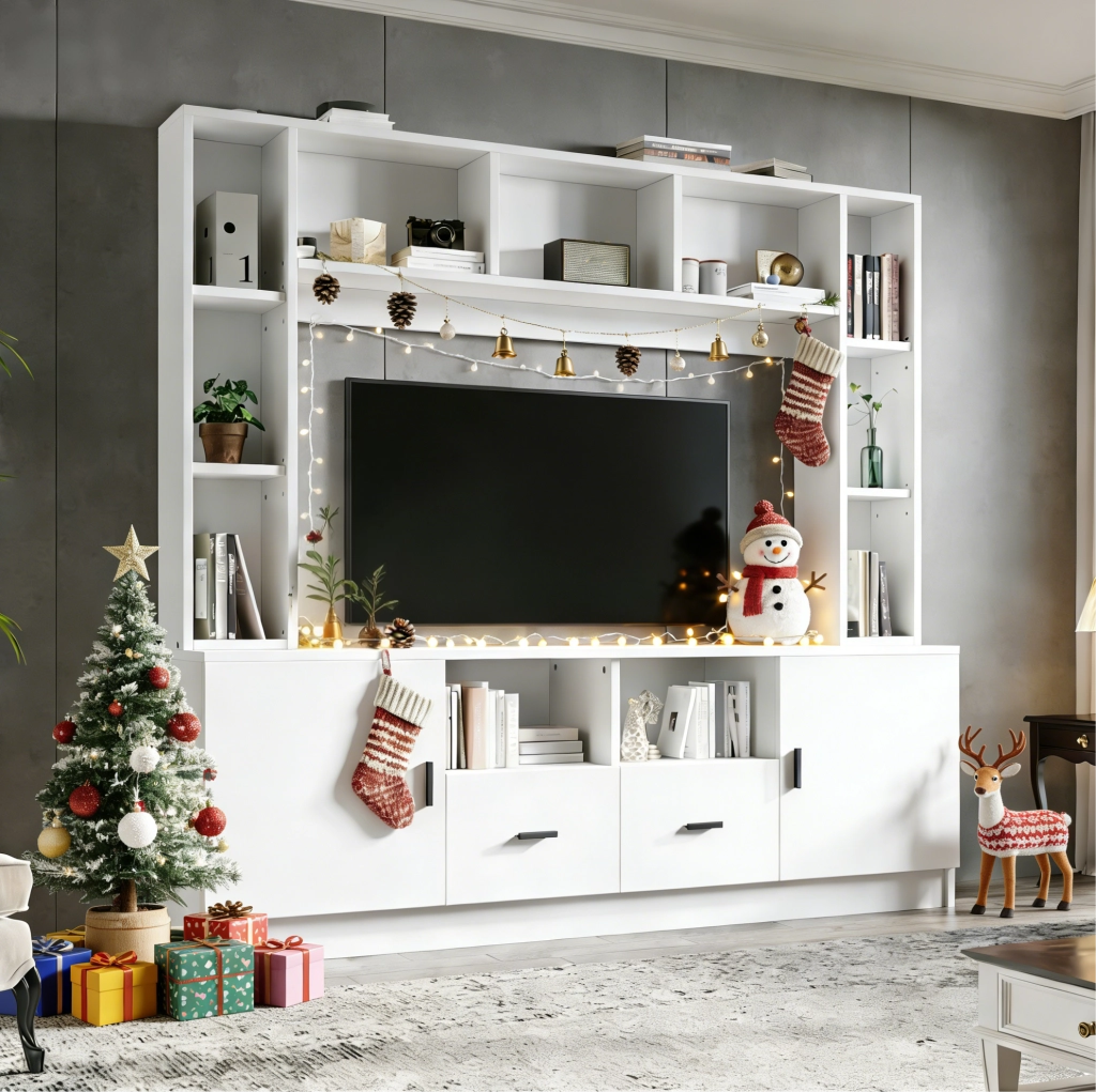 Mobile TV bianco con 2 armadi, 2 cassetti e 11 vani