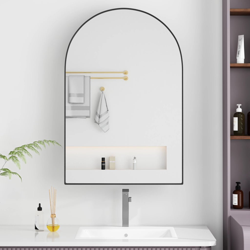 Armadietto a specchio ad arco con 2 ripiani regolabili installazione a parete o incasso in metallo nero per bagno