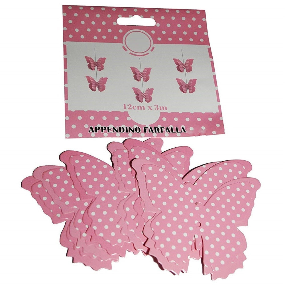 Trade Shop - Set 3 Pezzi Festoni Rosa Pois 6 Farfalle Farfalla 12cmx3m Compleanni Matrimonio -