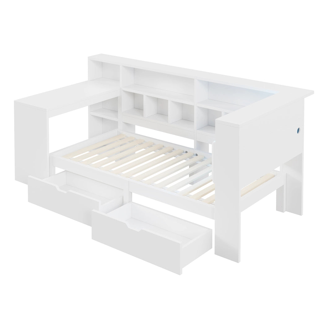 Letto a soppalco 90 × 200 cm con scrivania, libreria, cassetti, LED e USB, senza materasso, bianco