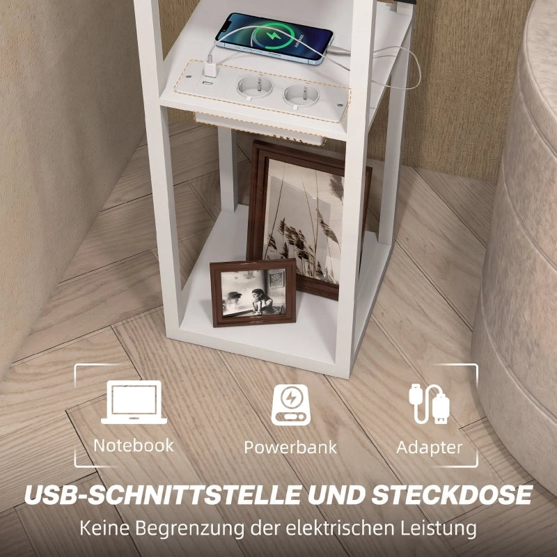 Lampada da terra con ripiano a 3 livelli, interruttore a pedale, porte USB, MDF, bianca