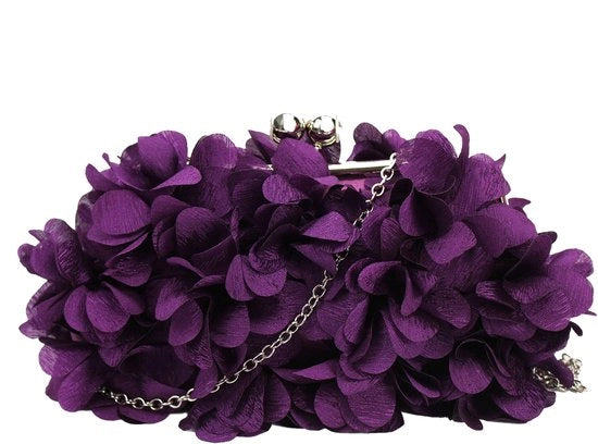 Borsa elegante per donne, clutch con fiori, borsa da sera in seta, maniglia, borsa da tracolla con catena, disegno kisslock, viola