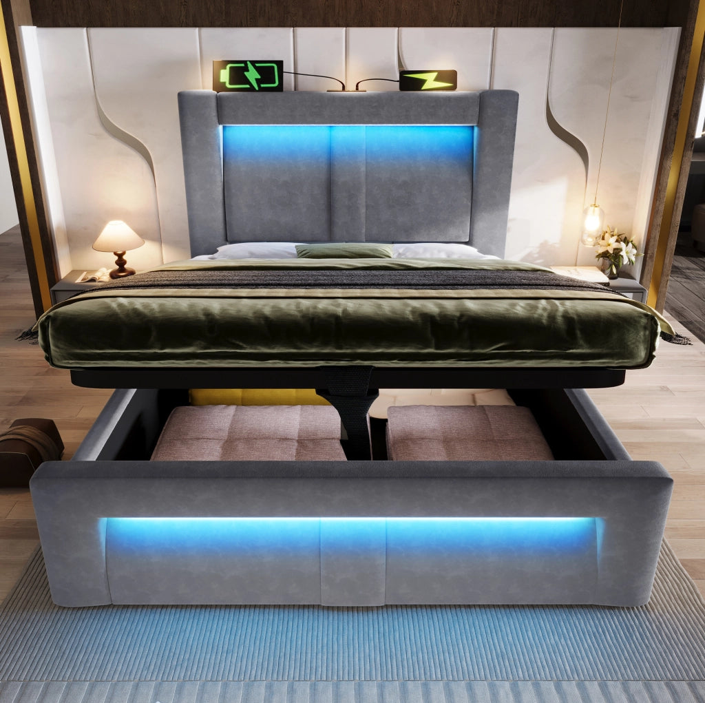 Letto singolo 90x200 cm con contenitore, LED, USB-C e materasso