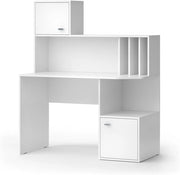 Scrivania con ripiani Alwin, Bianco, 115 x 55 cm con 2 porte, adatto all'uso come postazione di lavoro con superfici d'appoggio