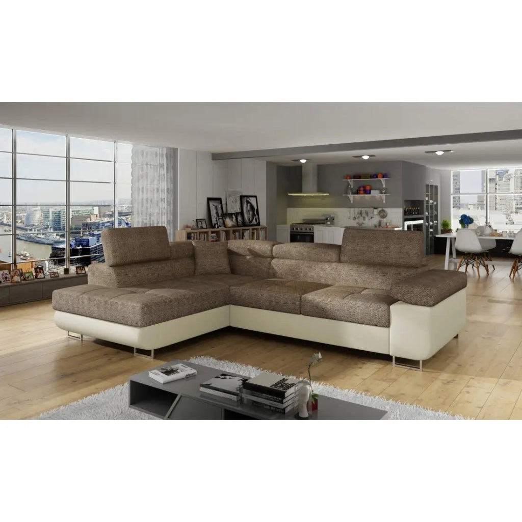 Divano angolare trasformabile MENTON beige e marrone bouclé - Angolo sinistro con vano contenitore