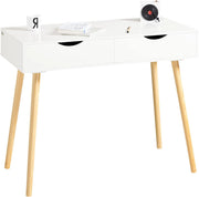 Scrivania con 2 cassetti, Gambe in Legno di Pino, Scrivania Ufficio Compatta, Tavolo da Lavoro per Studio Cameretta e Camera da Letto, L90*P45*A77cm, FWT40-WN