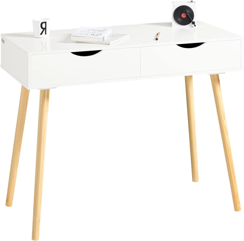 Scrivania con 2 cassetti, Gambe in Legno di Pino, Scrivania Ufficio Compatta, Tavolo da Lavoro per Studio Cameretta e Camera da Letto, L90*P45*A77cm, FWT40-WN