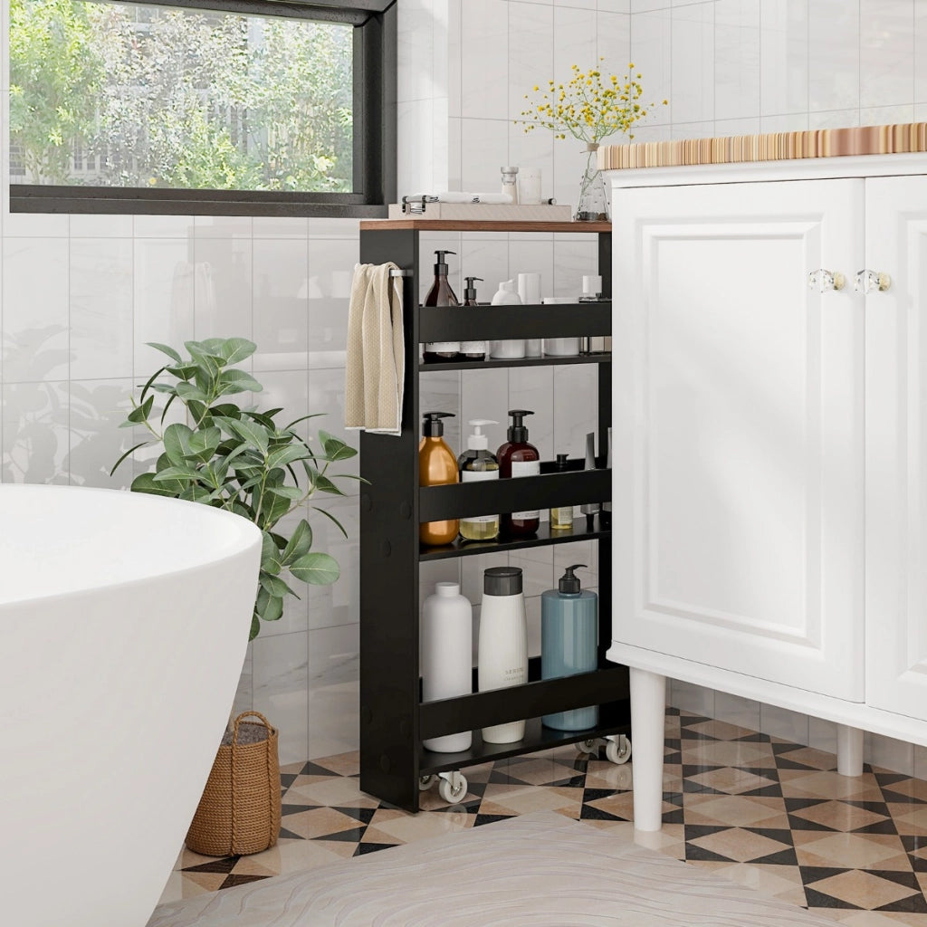 Carrello portaoggetti da cucina con maniglia ruote-Scaffale mobile salvaspazio con scaffali stretti Marrone