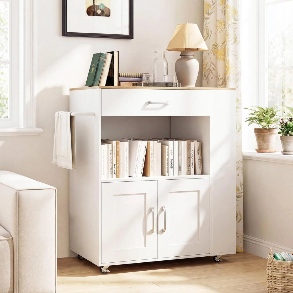 Carrello da Cucina con Ruote, Isola da Cucina con 3 Portaspezie 1 Cassetto Armadietto a 2 Porte, Carrello Portaoggetti con Portasciugamani, 82x46x92 cm (Bianco)