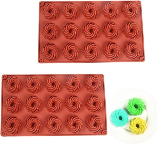 Mini Mouldi in Silicone per Torta - 15 Caverne - Mould in Silicone a Spirale per Donuts - Cioccolato - Biscotti - Dolci - Gelatina - Muffins (2 PCS)