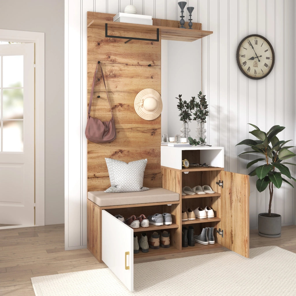 OKWISH Mobile da ingresso con specchio, panca, 2 vani portascarpe e 4 ganci, MDF, bianco e legno, 105x40x190,5 cm