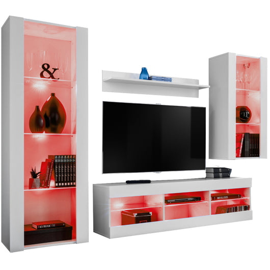 Set Di Mobili Porta TV Tivoli Medio, Komodee, Bianco/Bianco, LED RGB, Larghezza 245 cm x Altezza 159 cm x Profondità 35 cm, Per soggiorno, Camera da letto