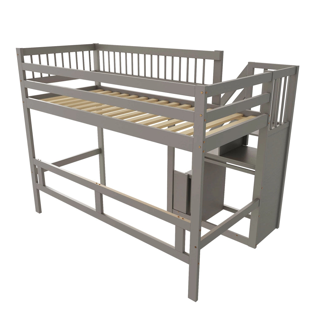 Letto singolo per bambini 90x200 cm in legno con scala contenitore; grigio