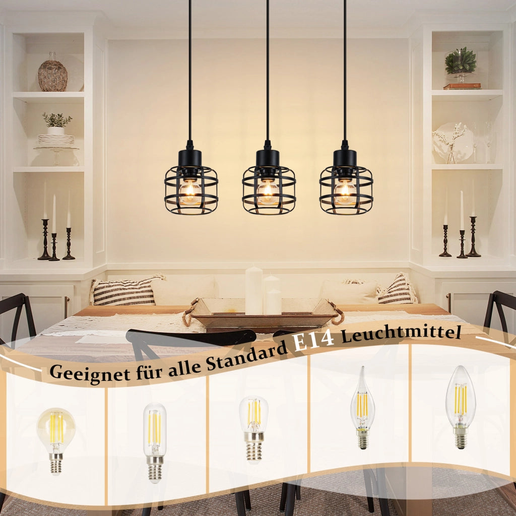 Lampada a sospensione ZMH vintage in metallo nera 3 luci E14 altezza regolabile senza lampadina