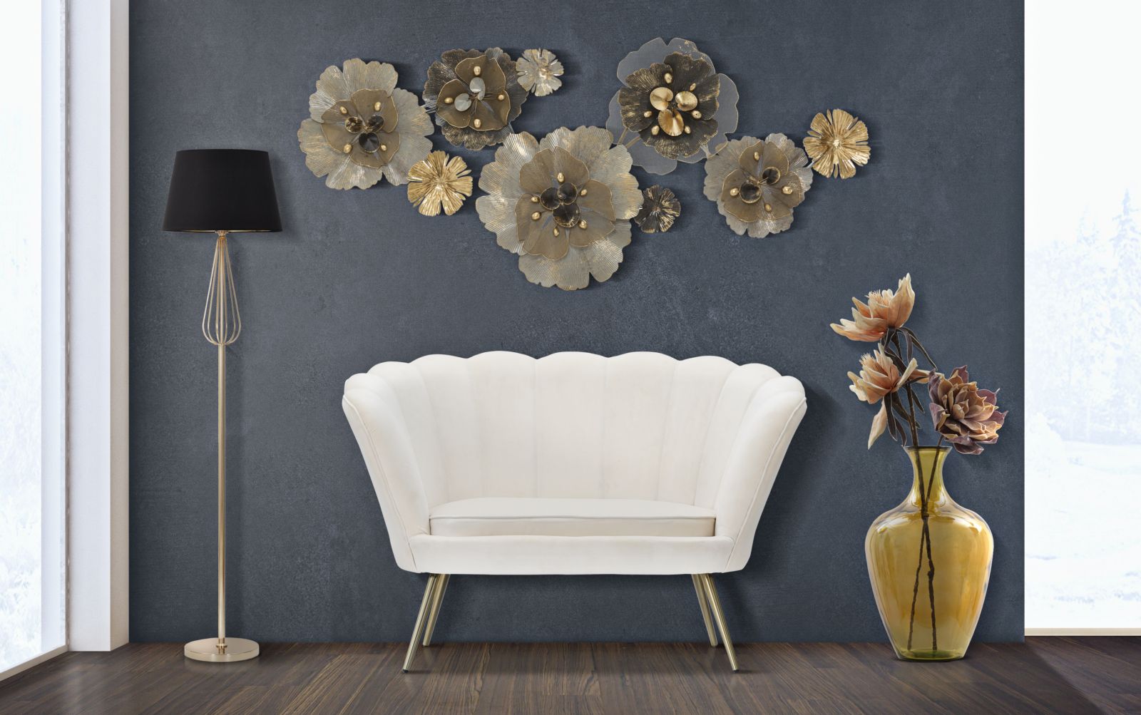 Divanetto Vienna Crema 130x74x84 cm Spugna e Tessuto e Metallo Bianco e Oro