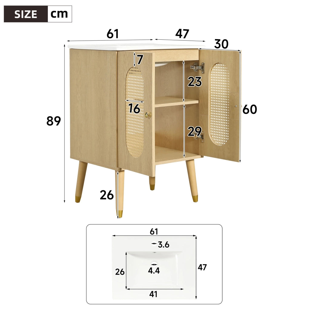Mobile da bagno con lavabo in ceramica, ante in vimini traspiranti, ripiani portaoggetti, rubinetti non inclusi,colore del legno naturale e bianco