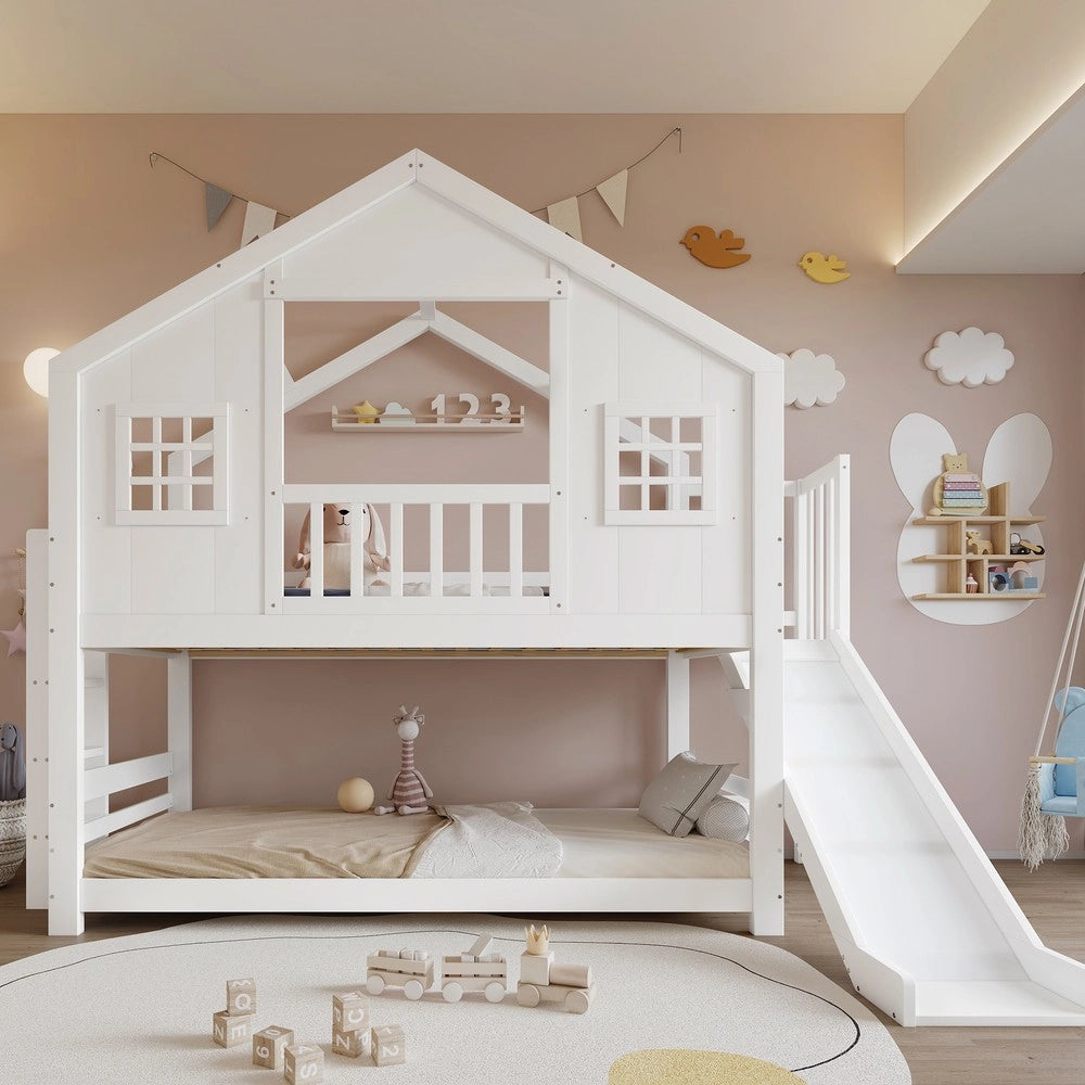 Letto a Castello con Scivolo per Bambini ¨C Xylo ¨C Pino/MDF, Bianco, 90x200