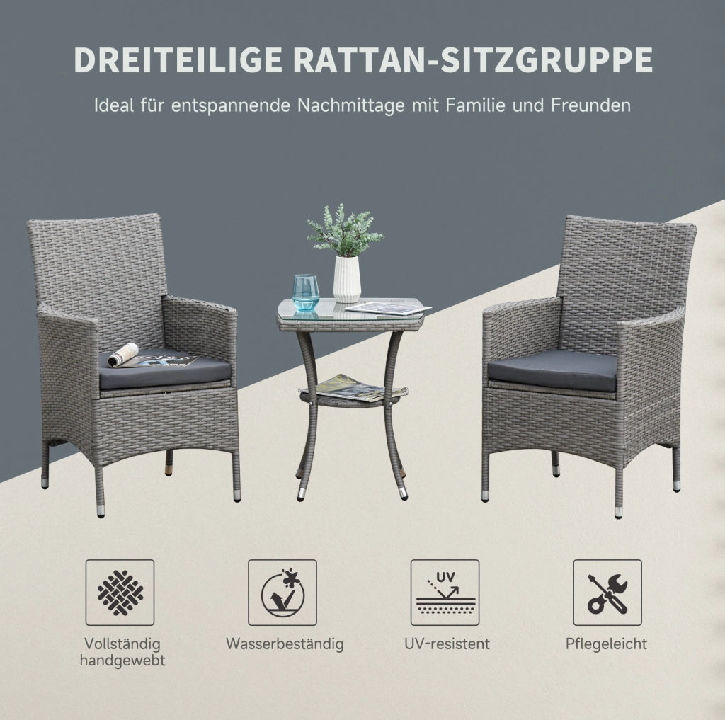 Set patio per 2 persone in rattan sintetico con tavolino; cuscini sfoderabili; grigio chiaro