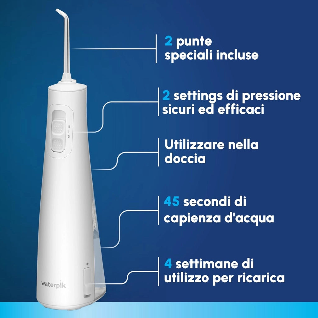 Idropulsore cordless Waterpik Pulse, approvato dalla Oral Health Foundation, idropulsore antiplacca per denti, 2 impostazioni di pressione, 45 secondi di pulizia interdentale, 2 punte incluse