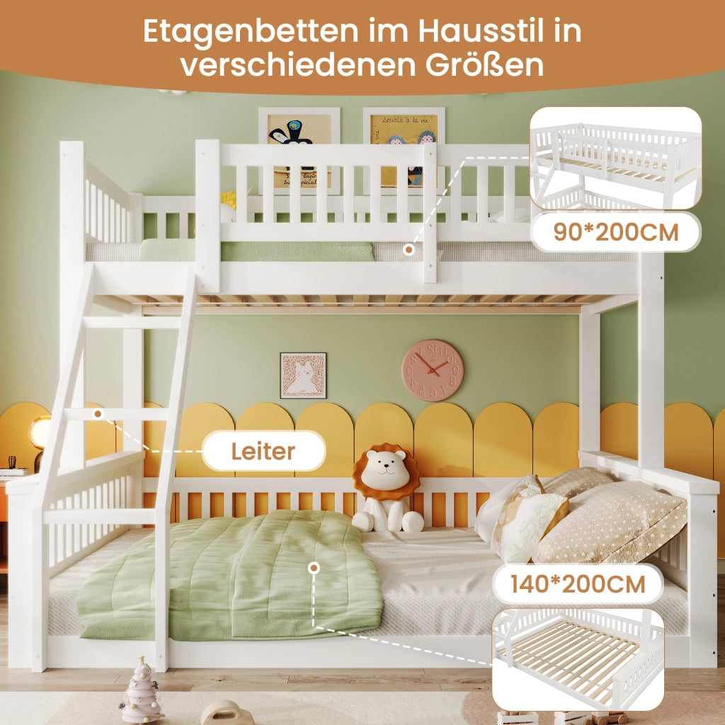 Letto a Castello 90x200 cm e 140x200 cm; Scala; Sponde di Sicurezza - in Legno - Bianco