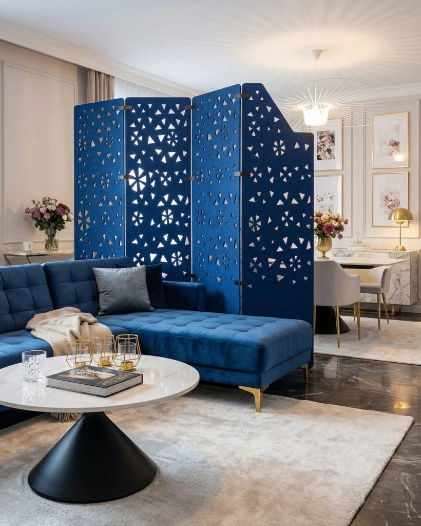 Divisore di stanza a 4 pannelli Tessuto blu navy Schermo per la privacy Parete divisoria per ufficio Riduzione del rumore