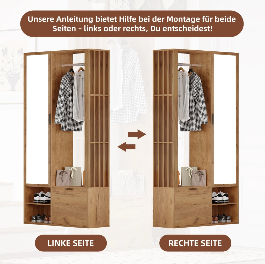 Armadio ingresso 100x33x190 cm in truciolare naturale con specchio e 9 vani