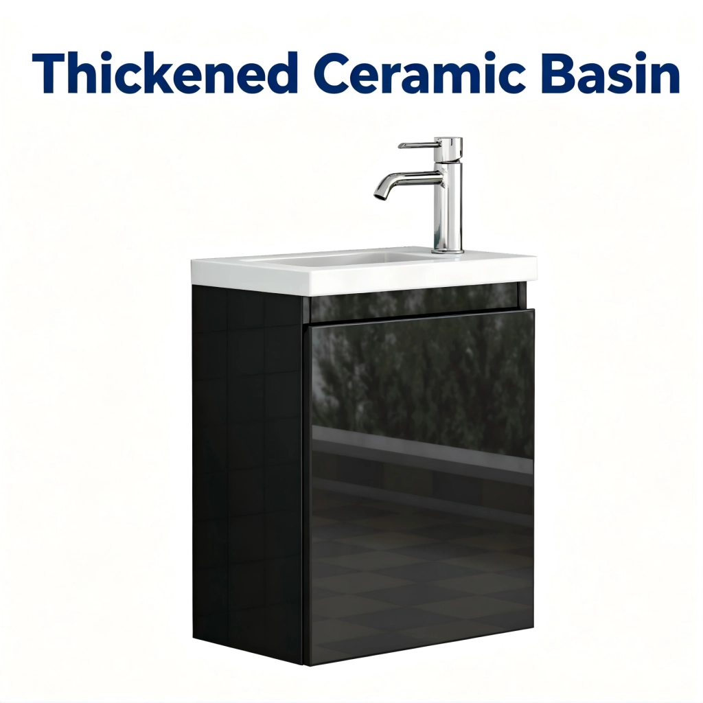Mobiletto da bagno nero lucido da 40 cm, mobiletto a parete con lavabo in ceramica e specchio, design senza maniglie, cerniere con chiusura