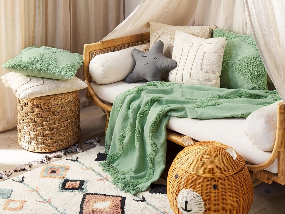Coperta in cotone verde con frange e motivo geometrico 125 x 150 cm stile boho soggiorno camera da letto accessorio divano