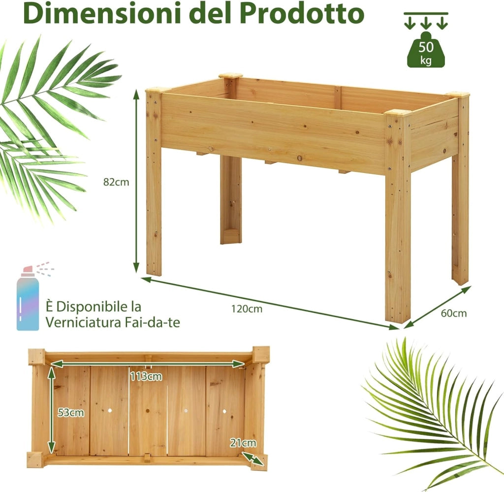 Letto per Orto Rialzato da Esterno in Legno di Abete, Fioriera Rialzata con Fori di Drenaggio, Letto per Piante Urbano da Giardino e Patio, 120 x 60 x 82 cm (Naturale)