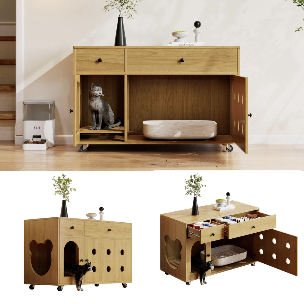 Mobile copri lettiera per gatti con cassetti e vassoio raccogli-sabbia, 100x45x66 cm, colore naturale