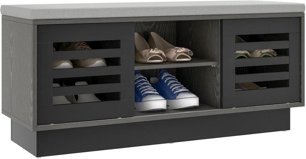 Panca Scarpiera con 6 Scomparti e 3 Ripiani Regolabili, Panca Porta Scarpe con Cuscino, Scarpiera con 2 Ante Scorrevoli, Mobile Scarpe per Ingresso, Soggiorno, 99,5 x 34,5 x 46 cm (Marrone)