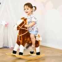 Cavallo a Dondolo in Legno con Suono Animale Regalo Giocattolo per i Bambini, 74 x 28 x 65 cm, Marrone