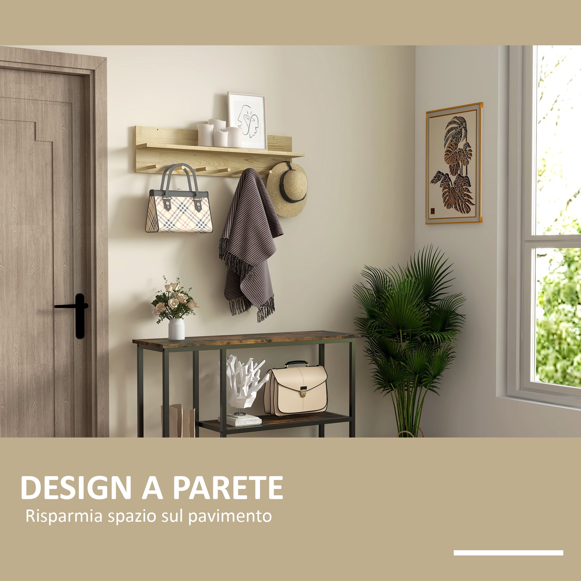 Mensola da Parete con 7 Ganci per Ingresso e Soggiorno 80x12x20 cm in Legno di Abete
