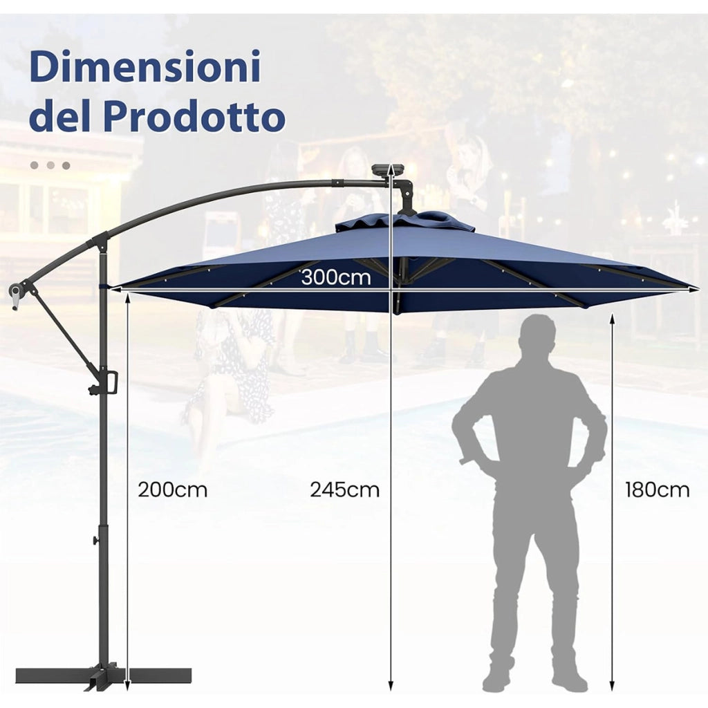 Ombrellone da giardino 300 cm con 32 luci led per piscina e altri spazi esteriori-Ombrellone girevole con inclinazione regolabile esteriori  Blu Scuro