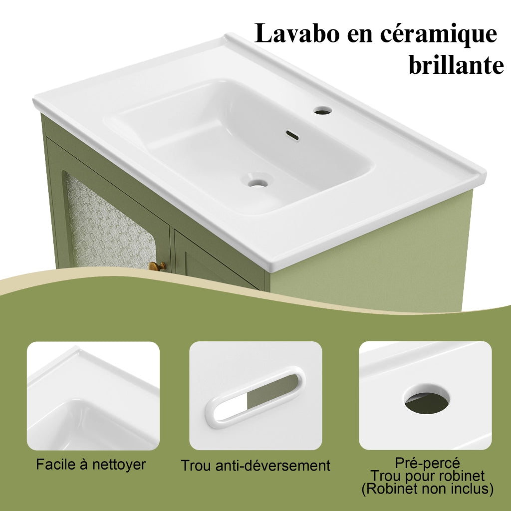 Mobile Bagno con Lavabo in Ceramica, LED, Specchio in Vetro e Maniglie Dorate ¨C MINIMAL ¨C Bianco