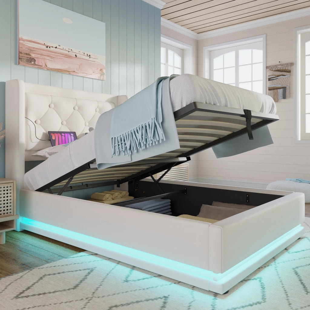 Letto singolo 90×200 cm con contenitore; testiera imbottita; USB Type-C; LED 3 lati; materasso incluso; PU bianco