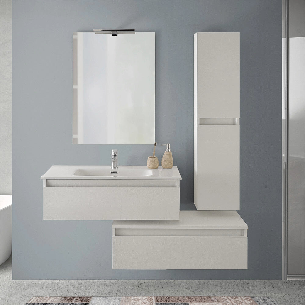 Mobile bagno sospeso 90 cm rovere bianco con base lavabo e cassetto Nadia
