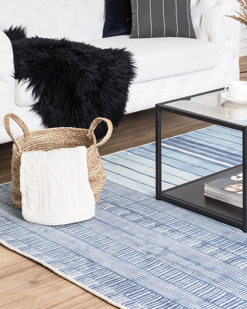 Tappeto Blu Viscosa 160 x 230 cm Motivo Geometrico Rigato Intrecciato a Mano