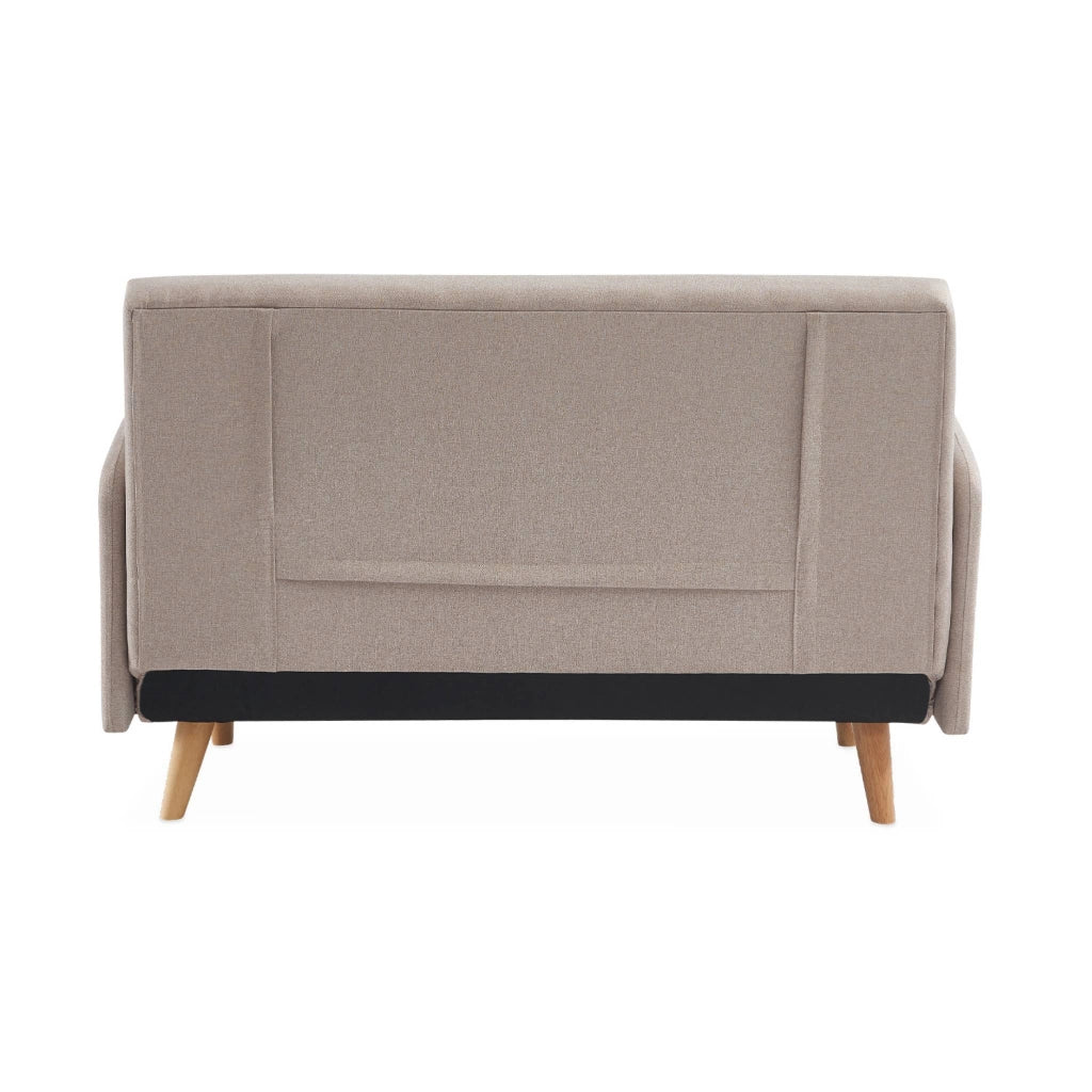 Divano letto clic-clac in tessuto con gambe in legno, 2 posti, beige