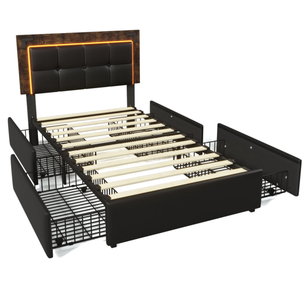 Letto con Cassetti 90x200 cm; Singolo - 4 Cassetti; LED e Testiera Regolabile - Nero