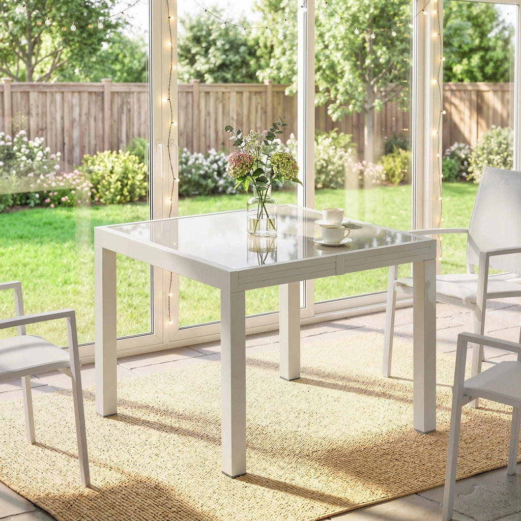 Tavolo Estensibile da Giardino 180x90x75 cm Piano in Vetro Temperato in Alluminio Bianco Crema