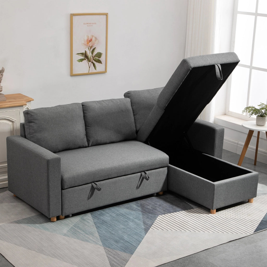 Divano Angolare Letto 3 Posti con Meridienne Reversibile e Contenitore ¨C Zephmum ¨C Tessuto Grigio