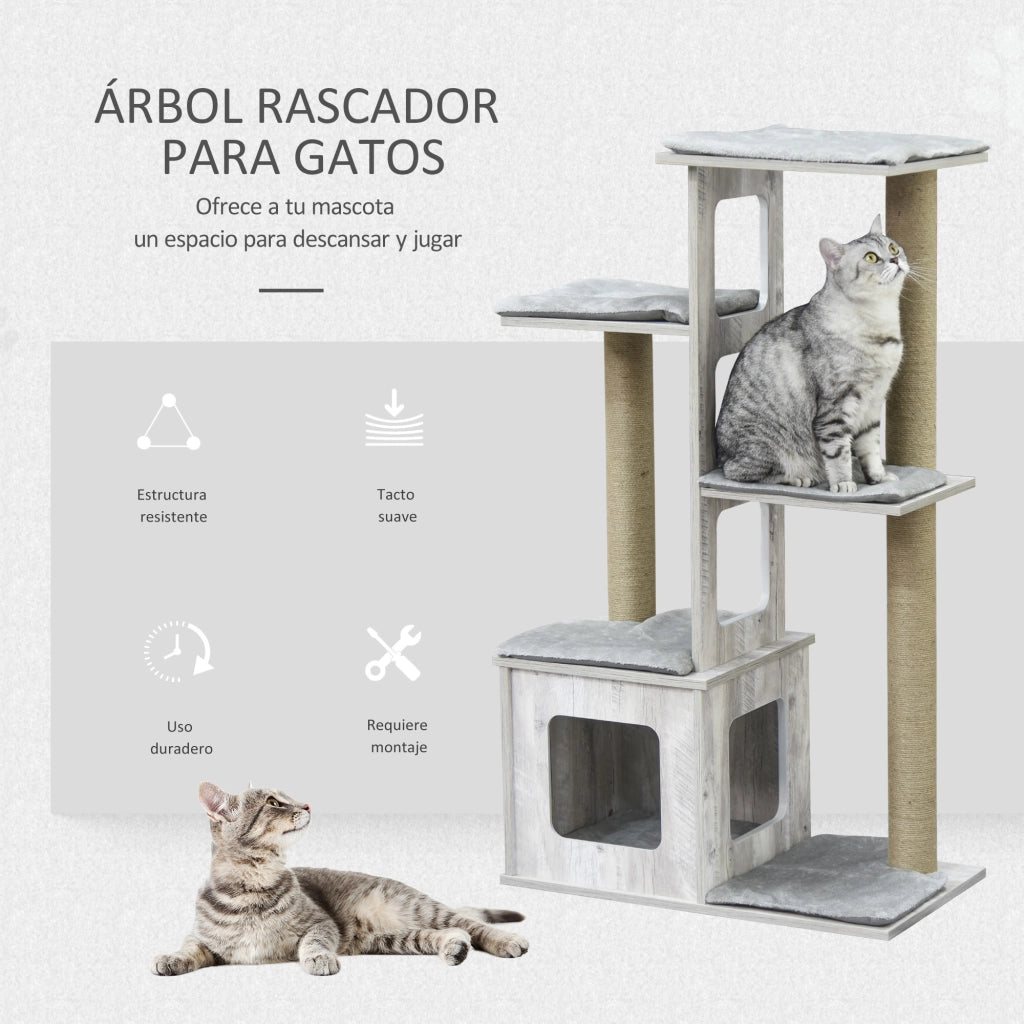 Albero tiragraffi per gatti con piattaforme e tana ¨C zephmum ¨C grigio 67x38,5x114 cm