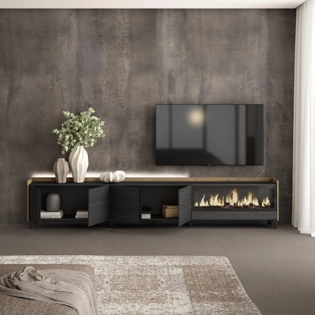 Mobile TV Soggiorno, 315x61x35 cm, Per TV fino a 80", Camino elettrico XXL, Design industriale, LED, Nero e rovere